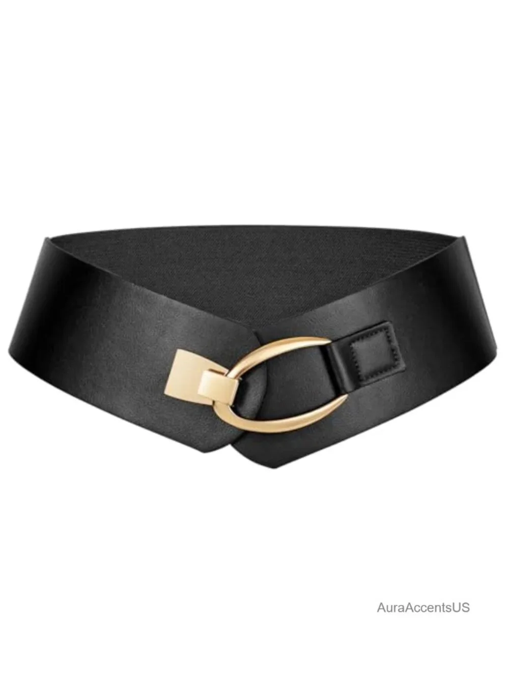Women Wide Faux Leather Elastic Belt with Gold Buckle for Dresses